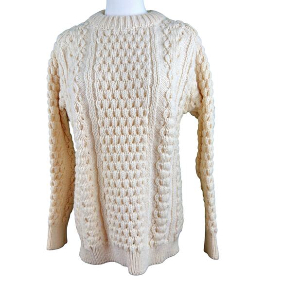John Molloy Men's LRG Ivory Irish Wool Cable Knit Crew Neck Fisherman Sweater - Picture 3 of 7